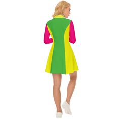 Step into the vibrant world of retro fashion with our Neon Dress, a perfect embodiment of 60s Dress Style and Mod Dress aesthetics. This Pink Green Mod Dress is a timeless piece that pays homage to the iconic GOGO Dress style of the 60s. With a neon green, neon pink, and neon yellow color block pattern, this dress captures the essence of the era's bold and playful fashion. Crafted from high-quality 100% polyester and featuring a luxurious Velour material, it ensures both comfort and durability, Retro Green Mini Dress, Retro Green A-line Mini Dress, Retro Multicolor Knee-length Mini Dress, Retro Green Mini Dress For Party, Yellow Retro Mini Dress For Party, Retro Yellow Mini Dress For Party, Multicolor Mod Mini Dress, Multicolor Mod Mini Dress For Party, Mod Multicolor Mini Dress For Party