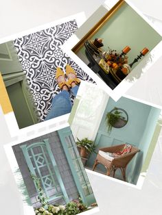 four pictures of different types of furniture and decor in the same color scheme, one is green