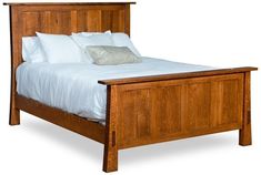 a wooden bed frame with white sheets and pillows on the headboard, against a white background