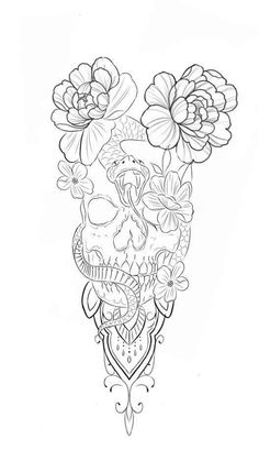 a drawing of a skull with flowers on it