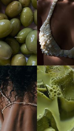 three different pictures with olives and green liquid in the bottom right, an image of a woman's back