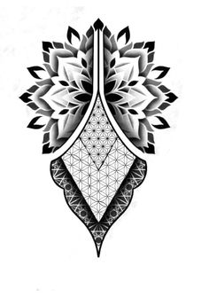 a black and white drawing of a flower with geometric designs on the bottom half of it