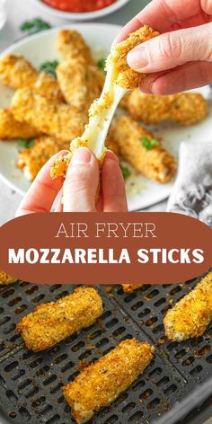 air fryer mozzarella sticks being dipped with melted cheese