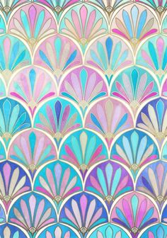 an art deco wallpaper design in shades of blue, pink and yellow with fan shaped shapes