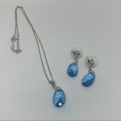 Beautiful Blue Stone Earring Necklace Set. Never Worn!! Blue Sterling Silver Jewelry Sets For Party, Blue Metal Jewelry Sets As A Gift, Blue Sterling Silver Necklace With Matching Earrings, Nickel Free Blue Jewelry Sets, Blue Teardrop Pendant Jewelry For Party, Sterling Silver Blue Necklace With Matching Earrings, Blue Teardrop Necklace With Matching Earrings, Elegant Blue Multi-stone Necklace, Nickel-free Blue Teardrop Pendant Jewelry