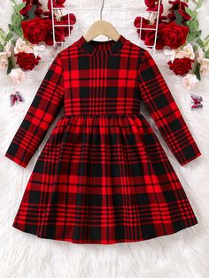 Young Girl's Retro Stylish Plaid Printed Half Turtleneck Dress, Great For Casual & Daily Wear & School Daily In Autumn & Winter, Sport Style, Mom And Daughter Matching, For Christmas Multicolor   Long Sleeve Knitted Fabric Christmas,Geometric A Line Slight Stretch  Young Girls Clothing, size features are:Bust: ,Length: ,Sleeve Length: Plaid Skirt Set, Mom And Daughter Matching, Dresses Casual Winter, Turtleneck Dress, Ribbed Turtleneck Sweater, Mom And Daughter, Winter Sport, Sport Style, Turtle Neck Dress