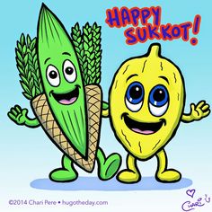 two cartoon corn cobs with happy sukkat written on the front and bottom