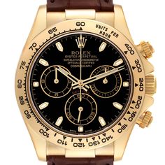 Rolex Daytona Yellow Gold Black Dial Mens Watch 116518 Box Card. Officially certified chronometer automatic self-winding movement. Chronograph function. 18K yellow gold case 40.0 mm in diameter.  Special screw-down push buttons. 18k yellow gold bezel with engraved tachymetric scale. Scratch resistant sapphire crystal. Black dial with luminous baton hour markers and hands. Center chronograph hand. Three chronograph subdials -- Small seconds hand at 6 o'clock, 30-minute counter at 3 o'clock, and 12-hour counter at 9 o'clock. Brown leather strap with an 18K yellow gold flip lock deployant clasp. Brown Watch Men, Brown Watch, Brown Watches, Gold Beauty, Gold Watch Men, Box Card, Brown Leather Strap, Rolex Daytona, 3 O Clock