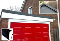 a red garage door with an open side window and the bottom half opened to show it's contents