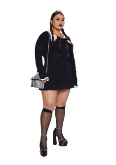 This mini dress has a stretchy sweater knit construction, a ruffled collar with a self-tie ribbon tie, contrast trim detailing, and front button closures. Halloween Costume Boots, Plus Size Alternative, Collared Mini Dress, Costume Boots, Plus Size Crop Tops, Plus Size Clothing Stores, Tie Ribbon, Booties Outfit, Bow Sweater