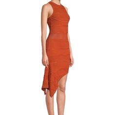 Torn By Ronny Kobo At Intermix. Textured Asymmetric Dress With Scoop Back Featuring A Strappy Design. Roundneck. Sleeveless. Pull-On Style. Asymmetric Hem. Scoop Back. Bodycon Silhouette. About 38" From Shoulder To Hem. Rayon/Nylon. Colour: Rust. Bnwt. Unique & Structured. Spring Sleeveless Bodycon Asymmetrical Dress, Chic Asymmetrical Sleeveless Bodycon Dress, Chic Bodycon Sleeveless Asymmetrical Dress, Summer Bodycon Cocktail Asymmetrical Dress, Summer Cocktail Bodycon Asymmetrical Dress, Summer Cocktail Asymmetrical Bodycon Dress, Fitted High-low Hem Asymmetrical Cocktail Dress, Fitted Asymmetrical Cocktail Dress With High-low Hem, Fitted Asymmetrical High-low Cocktail Dress