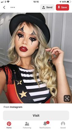 Woman Clown Costume Diy, Womens Jester Makeup, Clown Make Up Woman, Female Ringmaster Makeup, Ringmaster Halloween Makeup, Harlequin Costume Diy, Ring Leader Makeup Circus, Ringmaster Makeup Halloween, Circus Performer Makeup