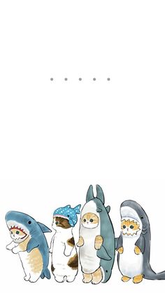 some cartoon animals are lined up in a row and one is wearing a shark costume