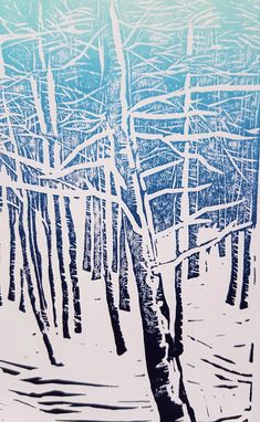 a drawing of trees in the snow with blue and white colors on it's sides