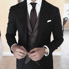 Cool Mens Black Suit Style Inspiration With Wool Vest Tweed Groom, Wedding Suits Men Blue, Wedding Suits Men Black, Black Suit Men, Wedding Suits Groom, Grey Vest