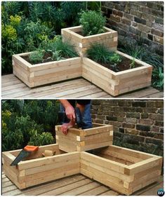 three different views of wooden planters with plants growing in them