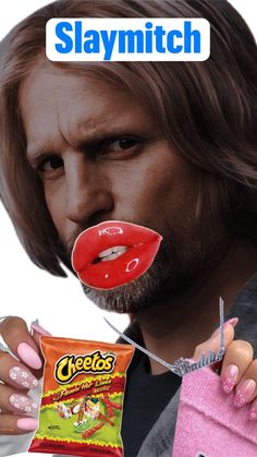 a woman holding a bag of cheeto's candy in her mouth