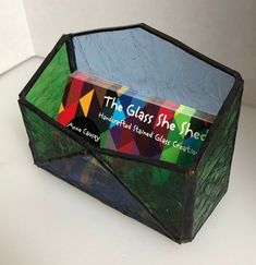 "Stained glass business card holder that will get a second look!   Classy light blue and green glue chip glass. Very elegant for the desk or the counter where clients/customers can easily see your business cards.      Great gift for the coworker or boss.   \"Please... the one!\"" Stained Glass Business, Stained Glass Jewelry, Office Desk Storage, Look Classy, Glass Lantern, Business Card Holder, Copper Foil, Lovely Shop, She Shed