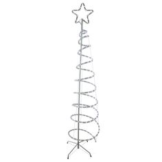 a tall metal christmas tree with white lights on it's sides and a star hanging from the top