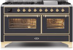 a black and gold stove with two ovens