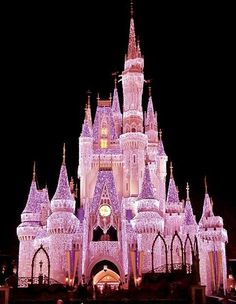 the castle is lit up at night with purple lights and decorations on it's sides