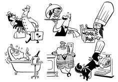 black and white cartoon drawings of people doing different things in the kitchen, including an oven