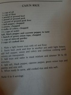 the recipe for cajun rice is shown in black and white text on an open book