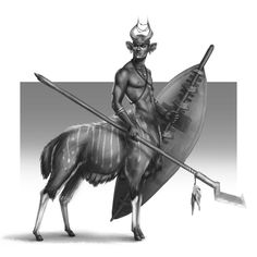 an image of a man riding on the back of a horned animal with a spear