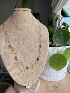 "Handcrafted with love, this exquisite piece captures the essence of elegance and luxury. Adorn yourself with the beauty of nature and the timeless radiance of gold.  Genuine Kingman Turquoise beads on 14k gold fill wire.  Measures 20\" in length  Circles are 10mm  Turquoise beads are 6mm Matching earrings are available in my shop: https://www.etsy.com/listing/1522447173/turquoise-and-gold-earrings?click_key=1cb822d56154ed63487da322d2a1d038c98afb57%3A1522447173&click_sum=73d3f0bc&ref=shop_home_active_5&frs=1&cns=1" Coin Pearl Earrings, Abalone Shell Necklace, Abalone Earrings, Hook Necklace, Turquoise And Gold, Coin Pearls, Kingman Turquoise, Shell Jewelry, Shell Earrings