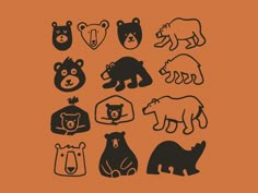 an orange background with black and white bear silhouettes on the left, brown bear in the middle, and green bear on the right