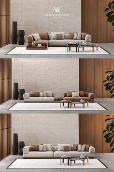 three different views of a living room with couches and tables in the middle, from top to bottom