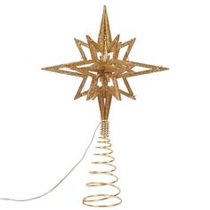 a gold christmas ornament with spirals on the bottom and a star hanging from it