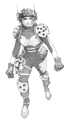 a black and white drawing of a person in a space suit