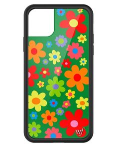 an iphone case with colorful flowers on the front and back cover in green, red, yellow