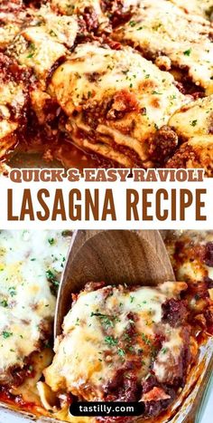 lasagna casserole in a glass baking dish with a wooden spoon and text overlay