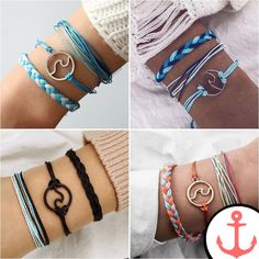 four different types of bracelets with an anchor