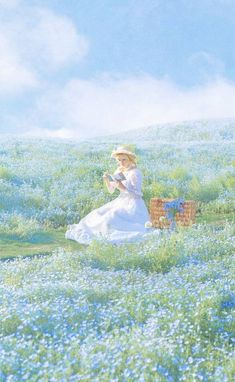 a painting of a woman sitting in the middle of a field with blue bonnets