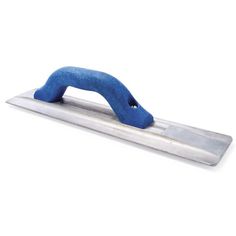 a blue object is laying on top of a piece of metal with a long handle