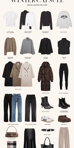 Autumn Basic Outfit, Winter Capsule Wardrobe 2024, Casual Winter Capsule Wardrobe, Snowy Outfits, Winter Outfits Minimalist, Winter Travel Wardrobe, Basic Dressing, Capsule Wardrobe Winter, Autumn Capsule Wardrobe