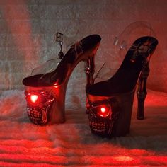 Skull Heels, Goth Shoes, Skull Bones, Red Led Lights, Platform High Heel Shoes, High Heel Platform, Foot Bed, Red Led, Skull And Bones