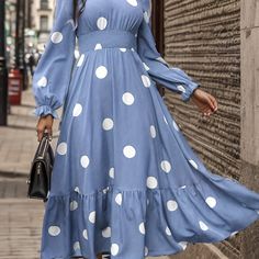 Non-stretch Polka Dot Dress For Spring, Spring Polka Dot Long Sleeve Midi Dress, Spring Long Sleeve Polka Dot Midi Dress, Casual Long Sleeve Polka Dot Midi Dress, Casual Polka Dot Maxi Dress For Fall, Shirred Waist Dress, Linen Style, Ruffle Hem Dress, Art Dress