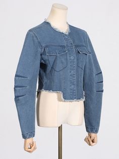 This mid-blue denim jacket captivates with its cropped fit, round shape sleeves, front snap buttons, raw hem and round neckline.Size Chart（CM）: Blue Cropped Cotton Denim Jacket, Blue Cropped Denim Jacket, Cropped Blue Denim Jacket For Streetwear, Cropped Blue Denim Jacket With Frayed Hem, Blue Denim Cropped Jacket For Streetwear, Blue Cropped Outerwear With Frayed Hem, Blue Denim Jacket, Dress Satin, Cropped Jacket