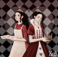 two women dressed in red and white holding trays of cupcakes with hearts on them