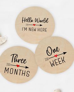 three wooden coasters with words and arrows on them