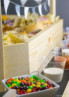 a buffet table filled with lots of food