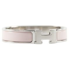 Hermès Clic H GM Bracelet in Rose Candeur & Palladium Wrist size: 16.8 cm Width: 8 mm Made in France Pink Hermes Bracelet, Hermes Bracelet Silver, Hermes Jewellery, Pink Hermes, H Bracelet, Hermes Bracelet, Modern Bracelets, Pink Bracelet, Bracelet Silver