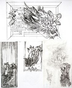 some drawings are shown in black and white, including one with a dragon on it