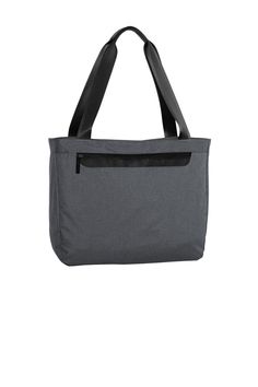 1,680 ballistic poly (solid); 300D two-tone poly/1,680D poly PU (heather); Spacious zippered main compartment with organization panel; Interior padded laptop sleeve; Zippered front pocket; Over-the-shoulder length seatbelt webbing handles; Back zippered panel doubles as pocket or luggage trolley pass through; Laptop sleeve dimensions: 10.25"h x 18"w; Fits most 15" laptops; Dimensions: 14"h x 18"w (top) x 15"w (bottom) x 5.5"d; Approx. 1,386 cubic inches; Note: Bags not intended for use by childr Modern Shoulder Bag With Reinforced Handles, Modern Gray Shoulder Bag For Business, Modern Gray Business Shoulder Bag, Modern Nylon Bags With Reinforced Handles, Modern Nylon Bag With Reinforced Handles, Nylon Laptop Bag With Zipper Closure For Work, Nylon Laptop Bag With Zipper For Work, Functional Workwear Shoulder Bag With Zipper Pocket, Functional Shoulder Bag With Zipper Pocket For Work