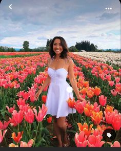 a woman standing in a field full of pink and orange flowers with her hands on her hips