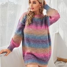 Multicolor Casual  Long Sleeve Acrylic Ombre Pullovers  Slight Stretch Spring/Fall Plus Size Knitwear Acrylic Ombre, Drop Shoulder Sweater, Drop Shoulder Sweaters, Unique Boutique, Plus Size Sweaters, Round Neck Sweaters, Pullover Sweater Women, Color Block Sweater, Casual Sweaters